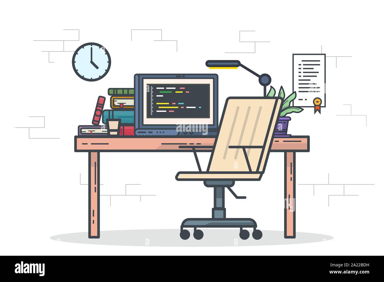 Home Ufficio concetto freelance. Designer o programmatore workspace illustrazione vettoriale. La programmazione e la codifica del portatile per lavorare a casa. Sviluppatore moderno Illustrazione Vettoriale