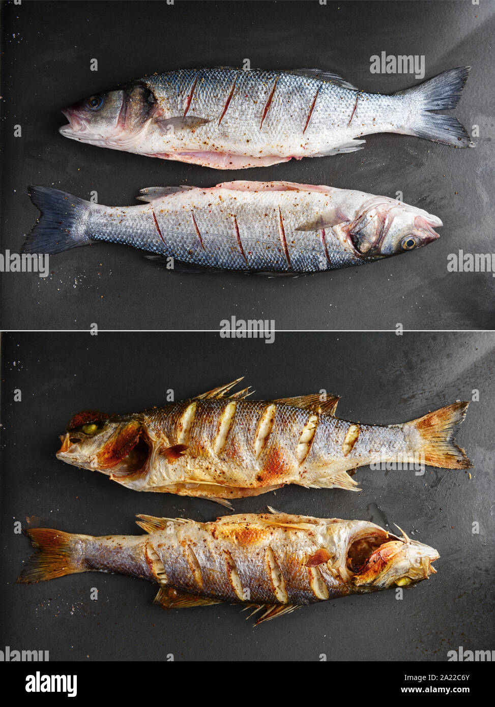 Materie e branzino grigliato pesce sulla piastra nera. Prima e dopo la preparazione. Fotografia di cibo Foto Stock