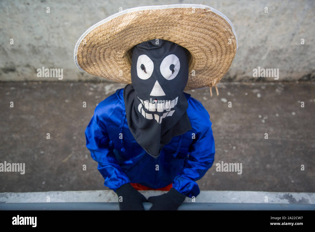 Masked reveler indossando cappello di paglia durante la Cavalcades di Pirenopolis Foto Stock