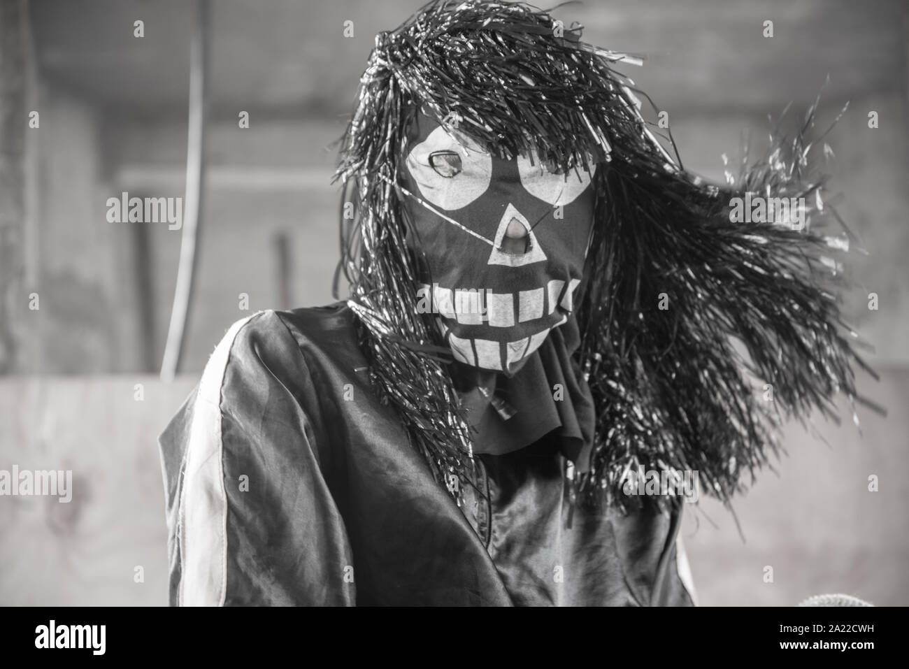 Reveler mascherato durante la Cavalcades di Pirenopolis, Midwest Brasile Foto Stock