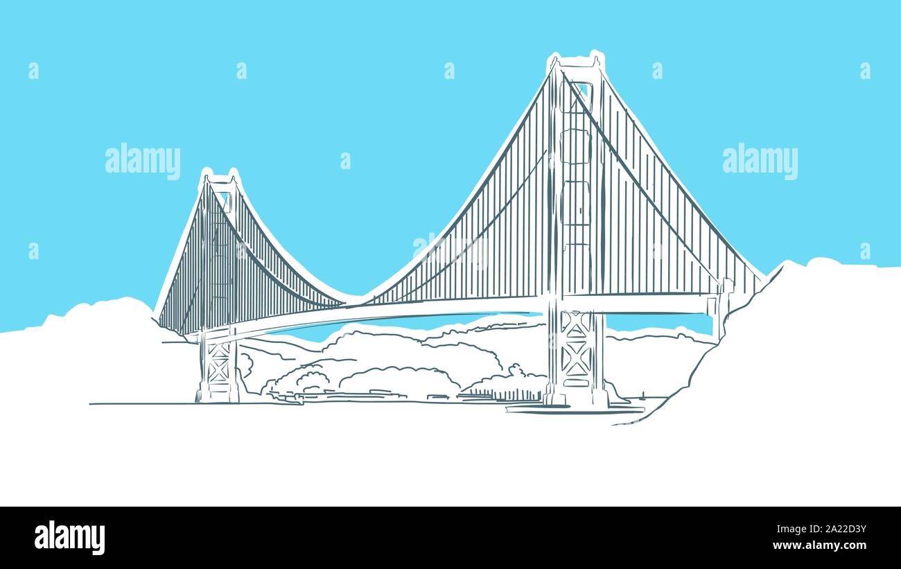 Golden Gate Bridge Lineart vettore schizzo e Illustrazione disegnata su sfondo blu. Illustrazione Vettoriale