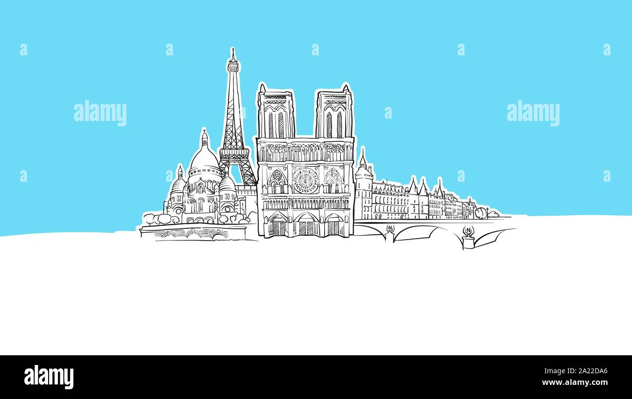 Parigi, Francia vettore Lineart schizzo e Illustrazione disegnata su sfondo blu. Illustrazione Vettoriale