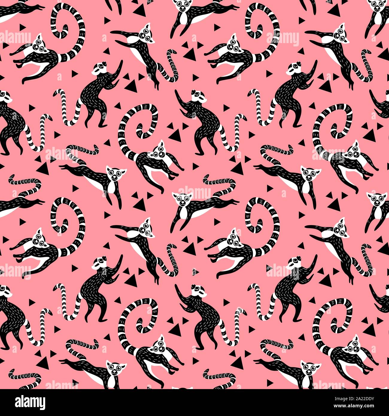 Modello senza soluzione di continuità con il bianco e nero dei lemuri su sfondo rosa. Illustrazione Vettoriale. Illustrazione Vettoriale
