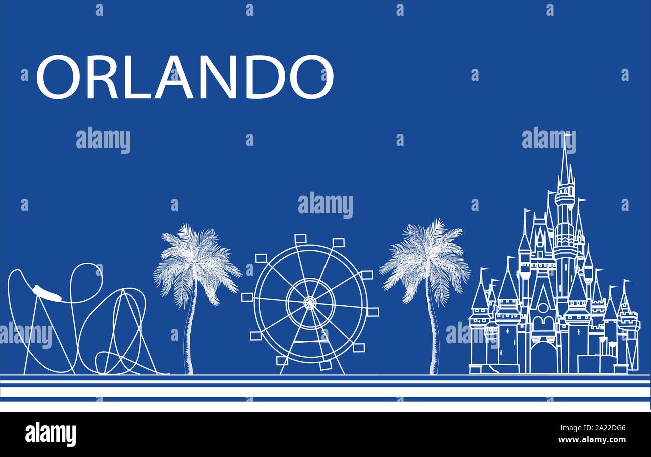 Attrazioni design , la linea bianca su sfondo blu. Scheda di vacanze. Illustrazione Vettoriale