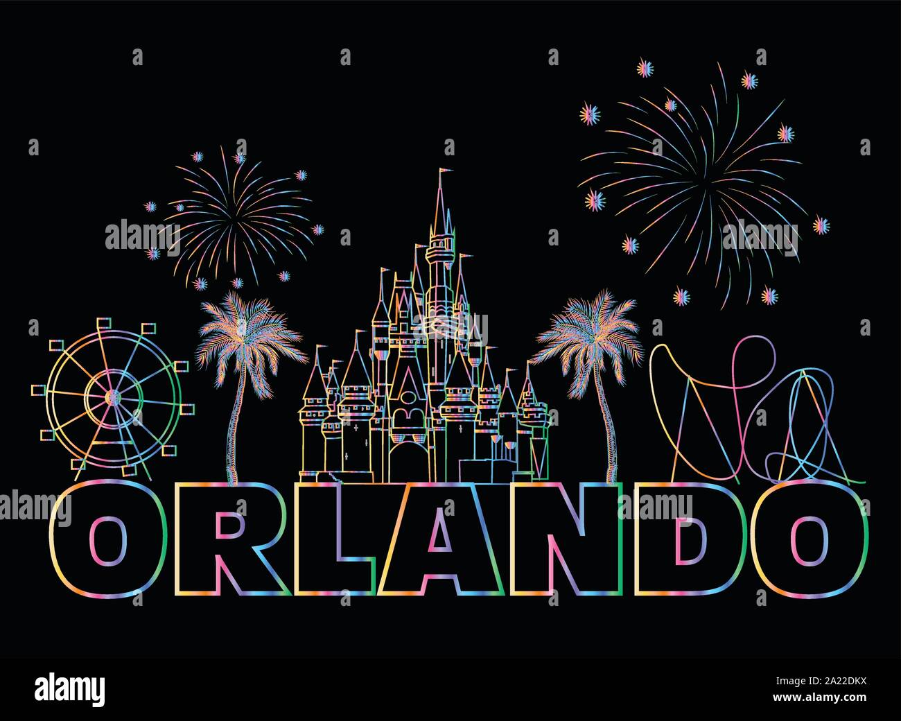 Orlando scritte colorate sul backround nero . Vettore con icone di viaggio e fuochi d'artificio. Cartolina d'arte. Illustrazione Vettoriale