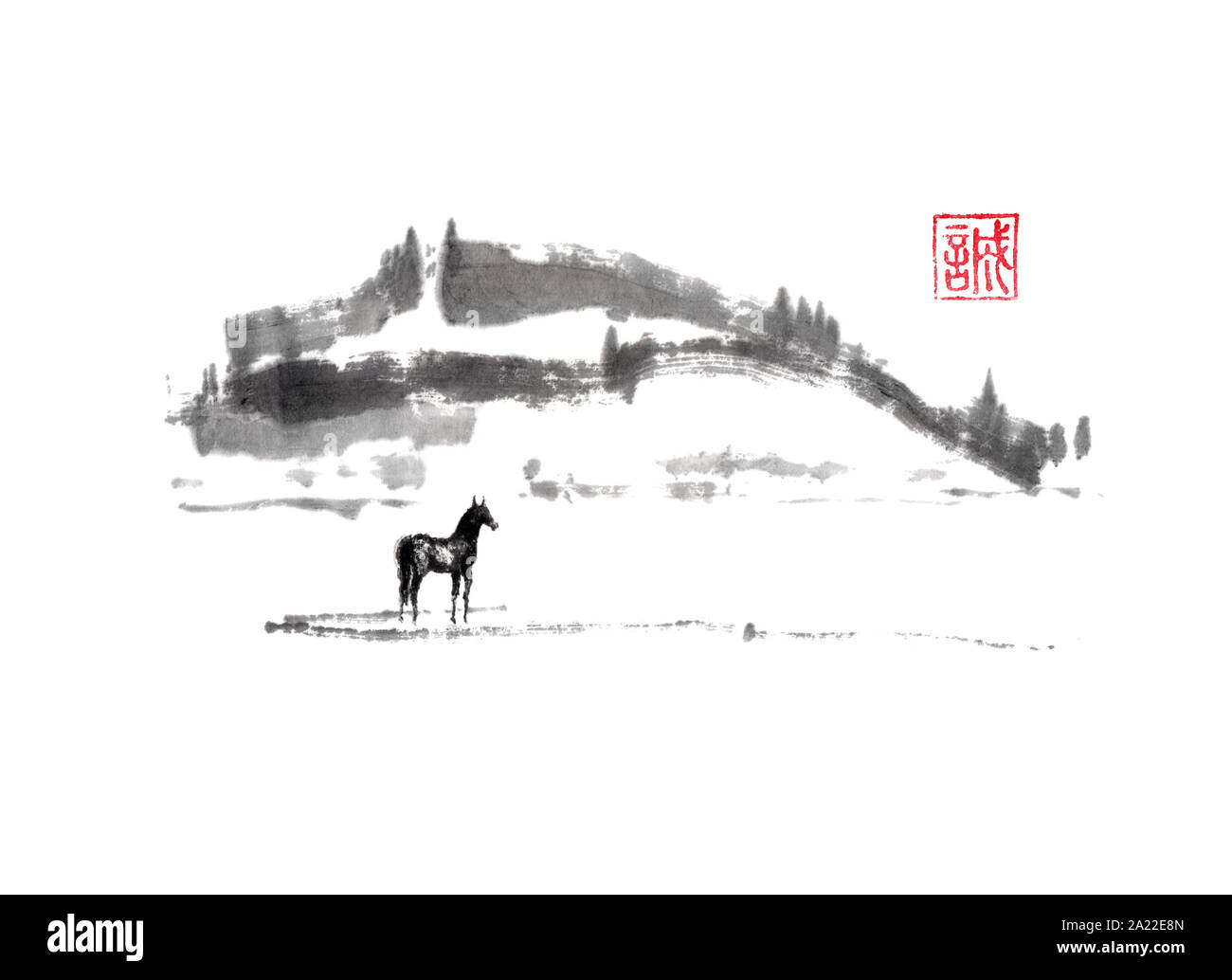 Cavallo e lontane colline di stile giapponese originale di sumi-e pittura di inchiostro. Hieroglyph featured significa sincerità. Ottimo per l'arte al muro, biglietti di auguri o textu Foto Stock