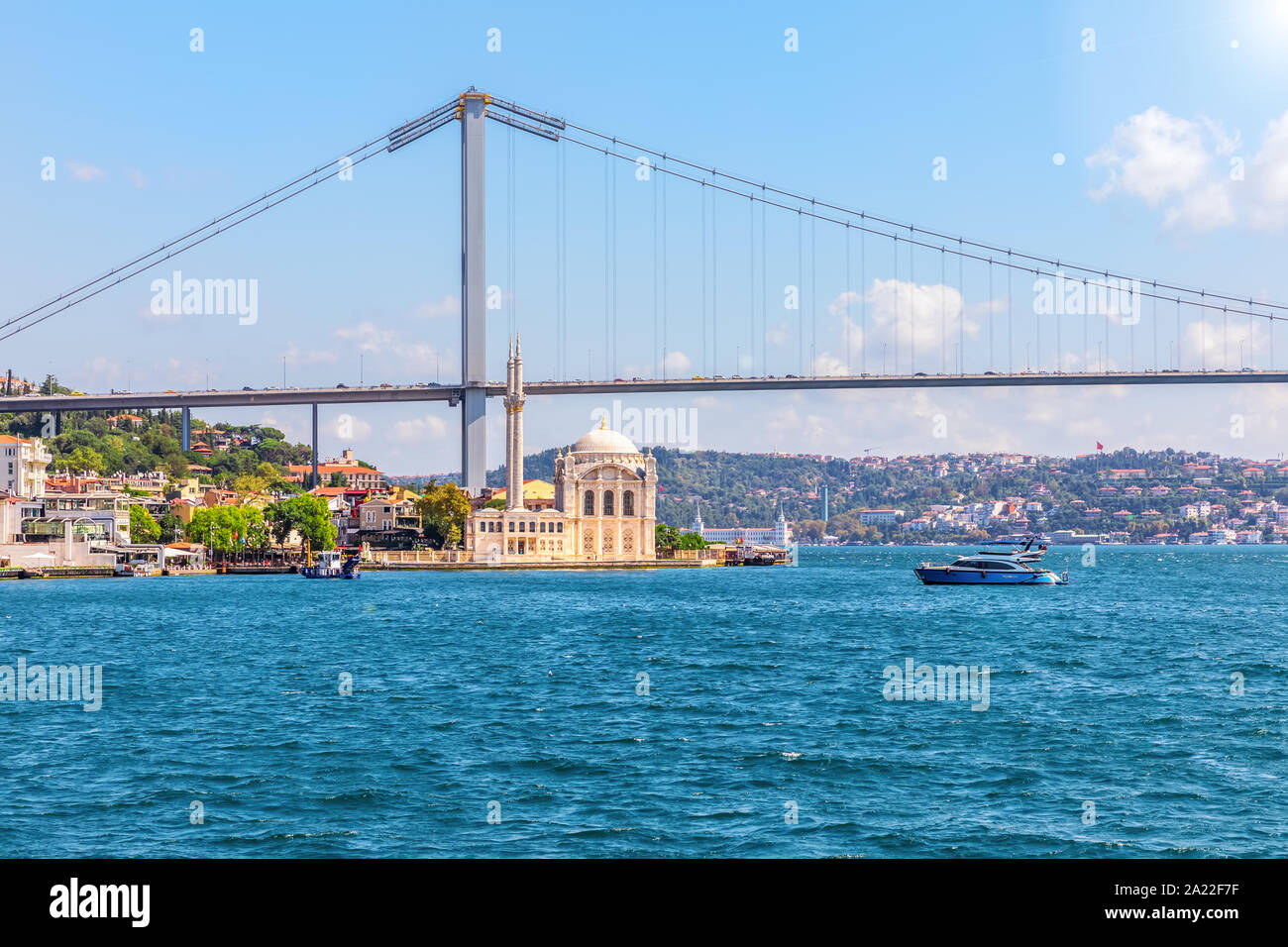 La Moschea Ortakoy sotto il ponte sul Bosforo, Istanbul, Turchia Foto Stock