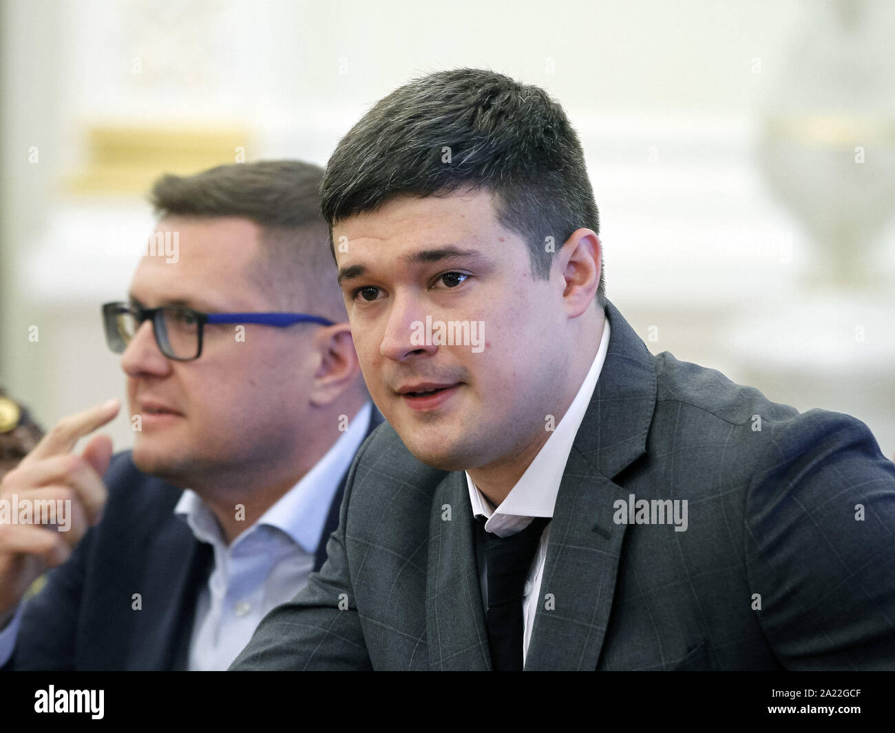 Kiev, Ucraina. 2 Sep, 2019. Il vice primo ministro dell'Ucraina, Ministro della trasformazione digitale Mykhailo Fedorov visto durante una riunione presso l'ufficio presidenziale a Kiev. Credito: Pavlo Gonchar SOPA/images/ZUMA filo/Alamy Live News Foto Stock