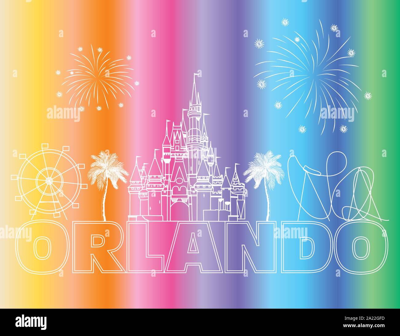 Orlando lettering bianco sulla colorata backround . Vettore con icone di viaggio e fuochi d'artificio. Cartolina di viaggio. Illustrazione Vettoriale
