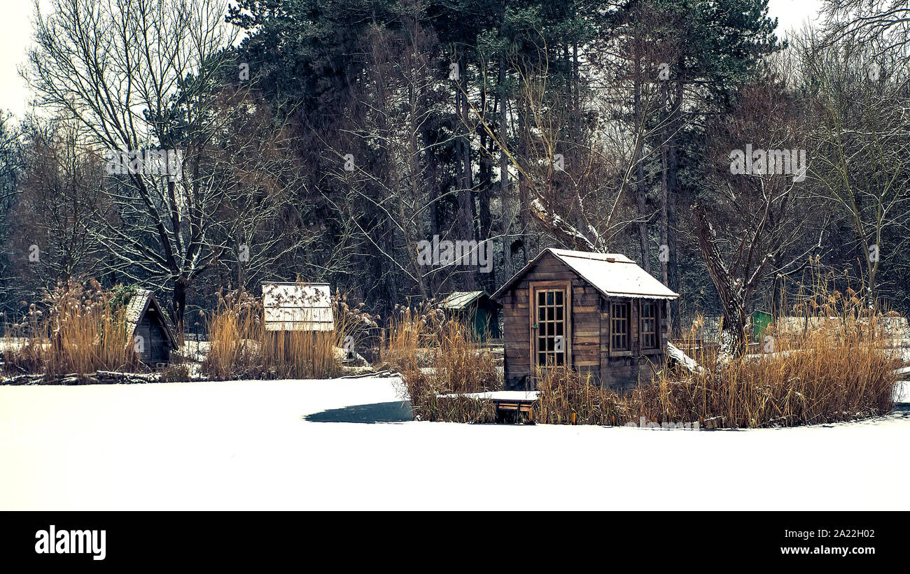 In baracche del lago con la neve. L'Europa, Ungheria, Szodliget, lago per la pesca sportiva Foto Stock