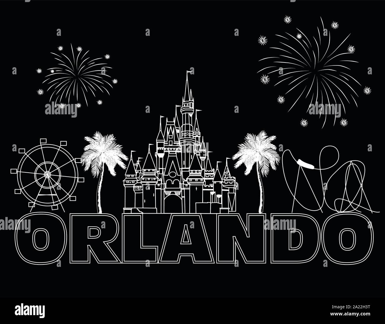 Orlando scritta bianco su nero backround . Vettore con icone di viaggio e fuochi d'artificio. Cartolina di viaggio. Illustrazione Vettoriale