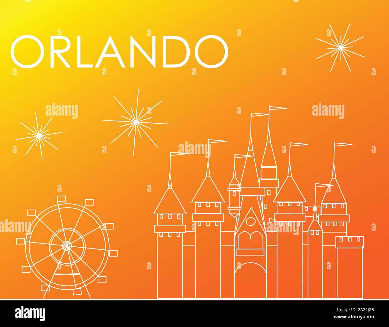 Attrazioni di Orlando la linea bianca su sfondo colorato, linea tecnica. Illustrazione Vettoriale