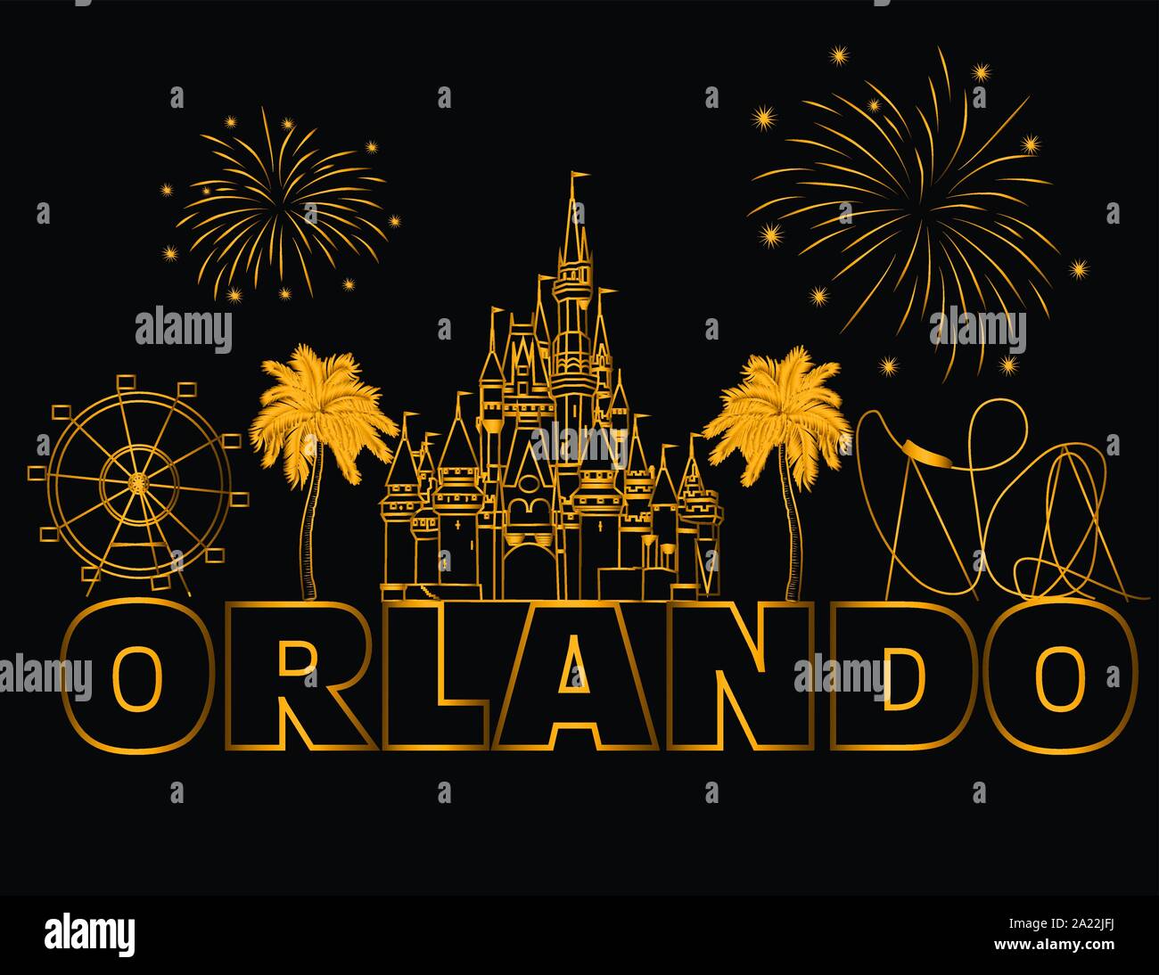 Orlando scritte Oro su nero backround . Vettore con icone di viaggio e fuochi d'artificio. Cartolina di viaggio.. Illustrazione Vettoriale