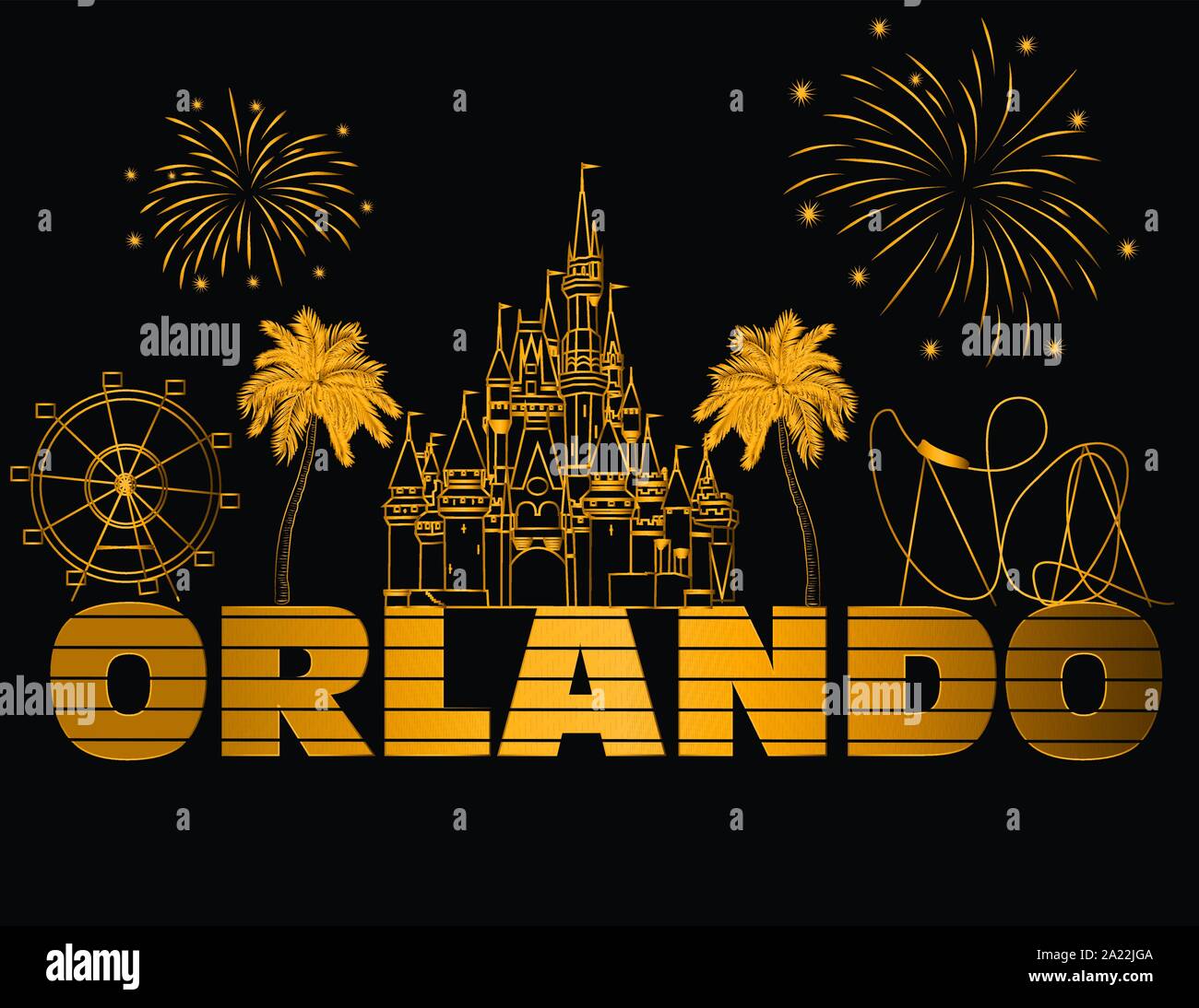 Orlando scritte Oro su nero backround . Vettore con icone di viaggio e fuochi d'artificio. Cartolina di viaggio. Illustrazione Vettoriale