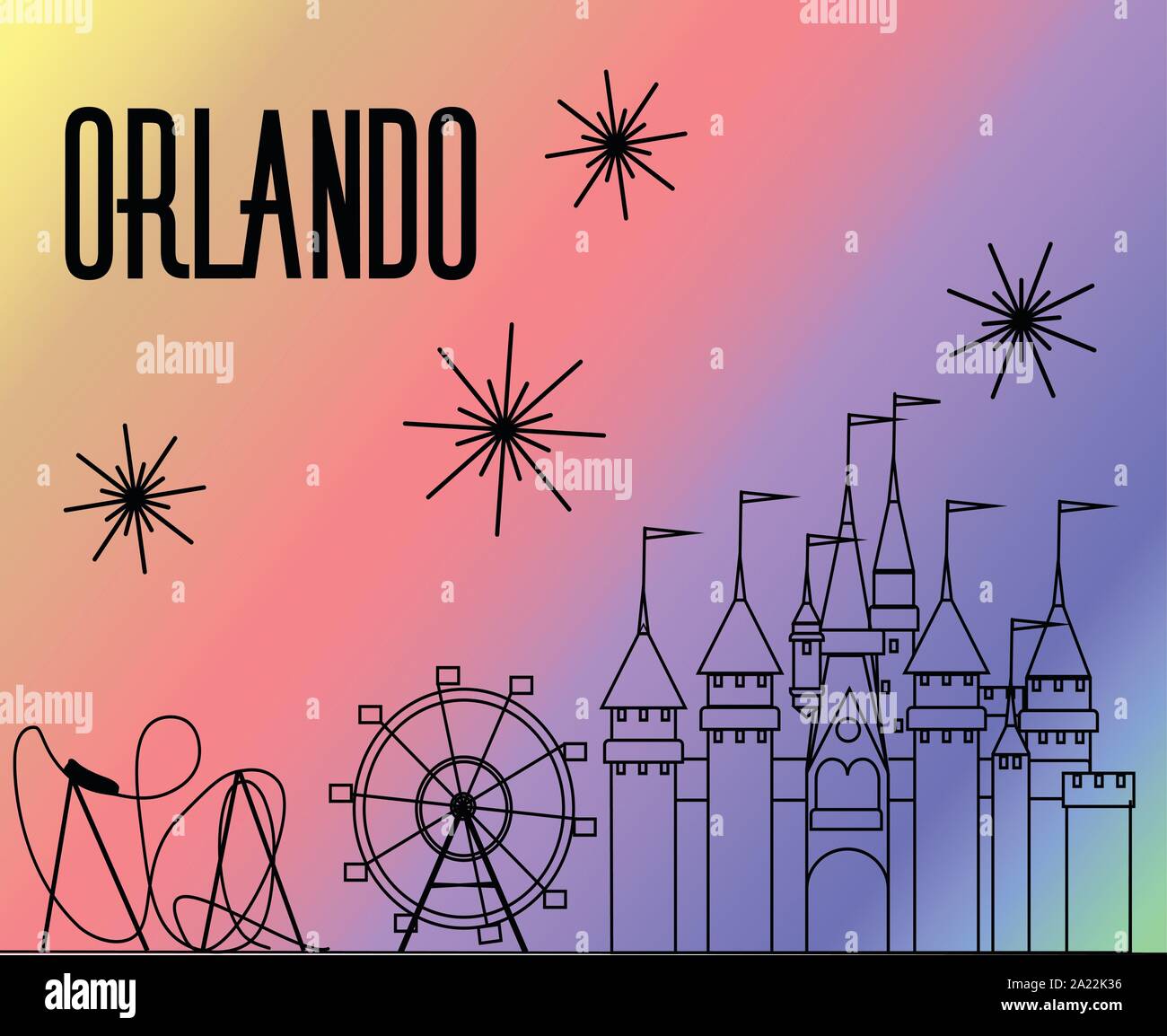 Attrazioni di Orlando linea nera su rainbow sfondo colorato. Roller Coaster, grande ruota, castello e fuochi d'artificio. Illustrazione Vettoriale