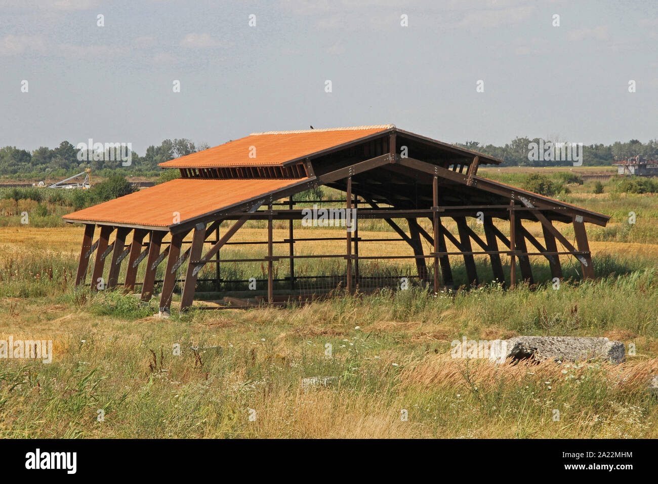 Mostre, capanna contenente la steppa mammoth fossili, Mammuthus trogontherii, Viminacium, scientifico sito archeologico, Kostolac, Branichevo distretto, Serbia. Foto Stock