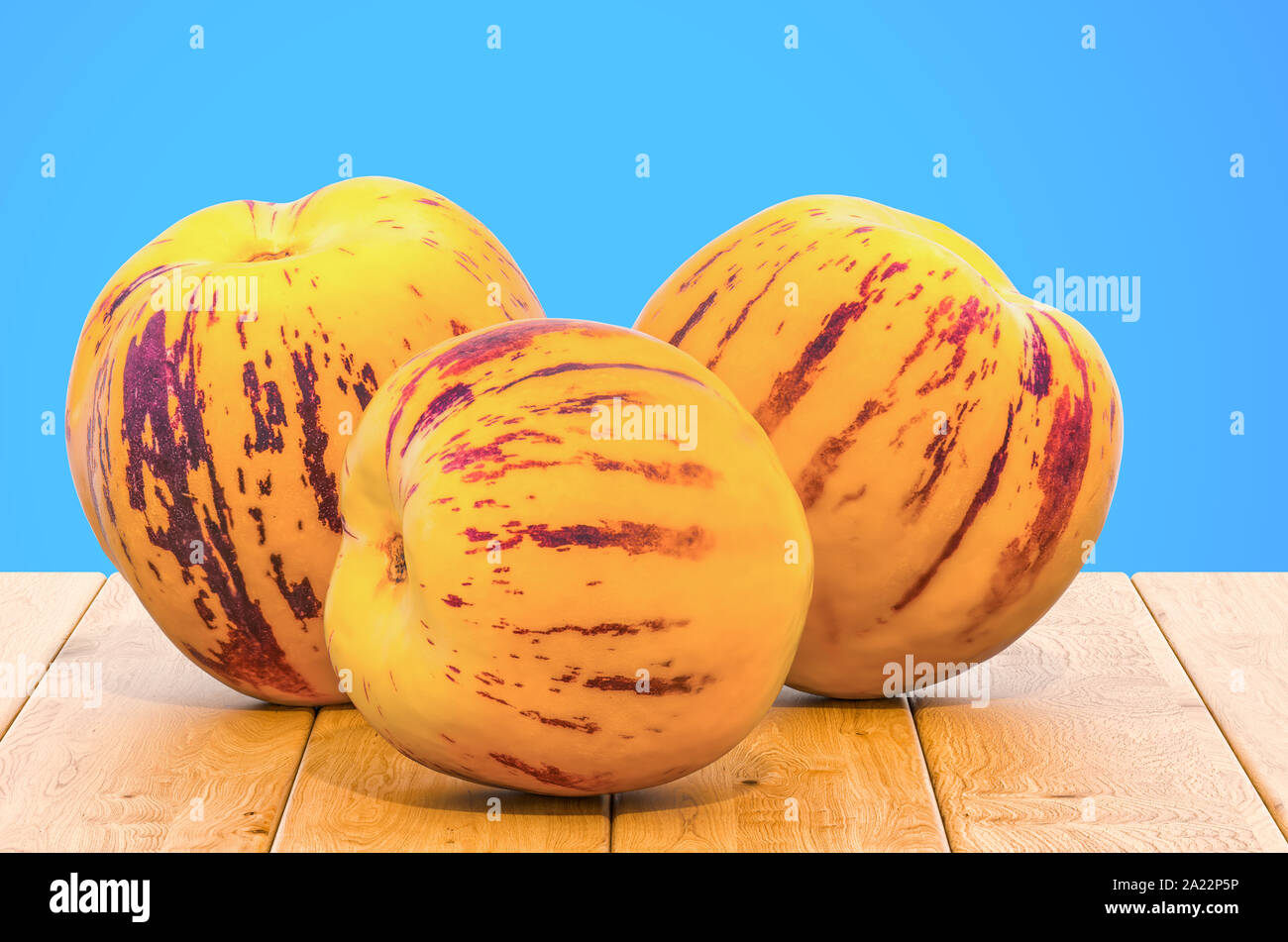 Pepinos o dolce cetrioli close-up 3d rendering con texture realistica sul tavolo di legno Foto Stock
