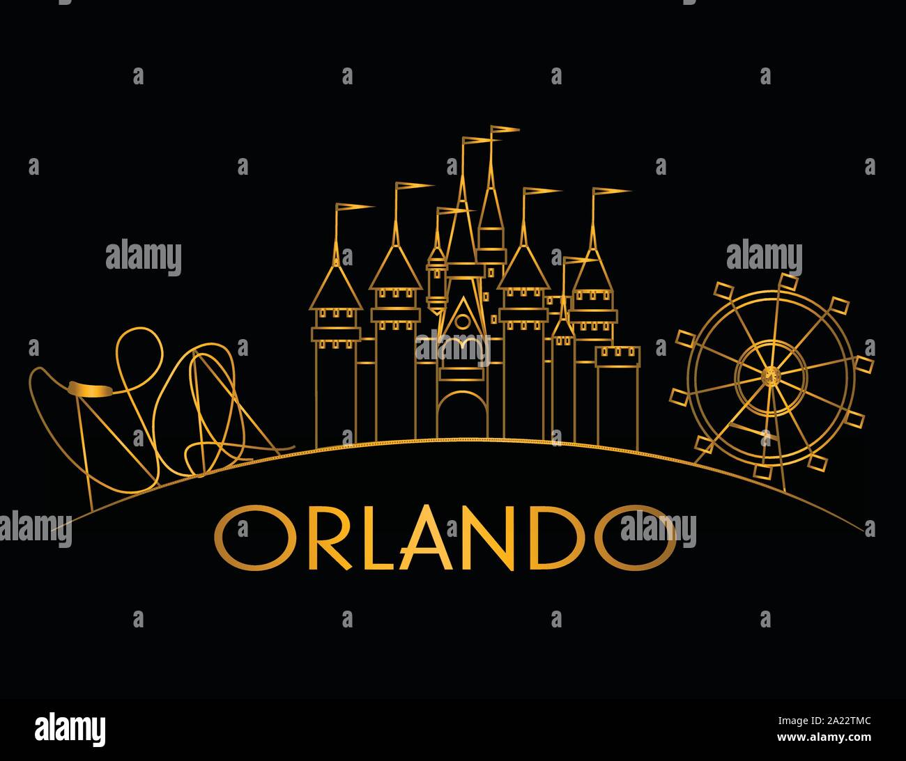 Attrazioni di Orlando oro linea curva su sfondo nero. Vacanze Card. Illustrazione Vettoriale