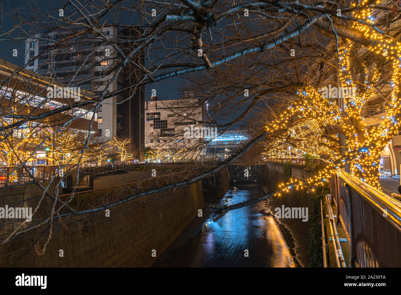 Fiume Meguro winter festival di illuminazione, bella vista, popolari attrazioni turistiche, le destinazioni di viaggio per le vacanze, famose romantiche luce anche Foto Stock