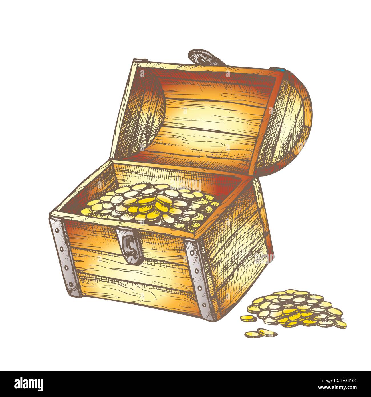 Scrigno delle pile di monete attorno al vettore di colore Illustrazione Vettoriale