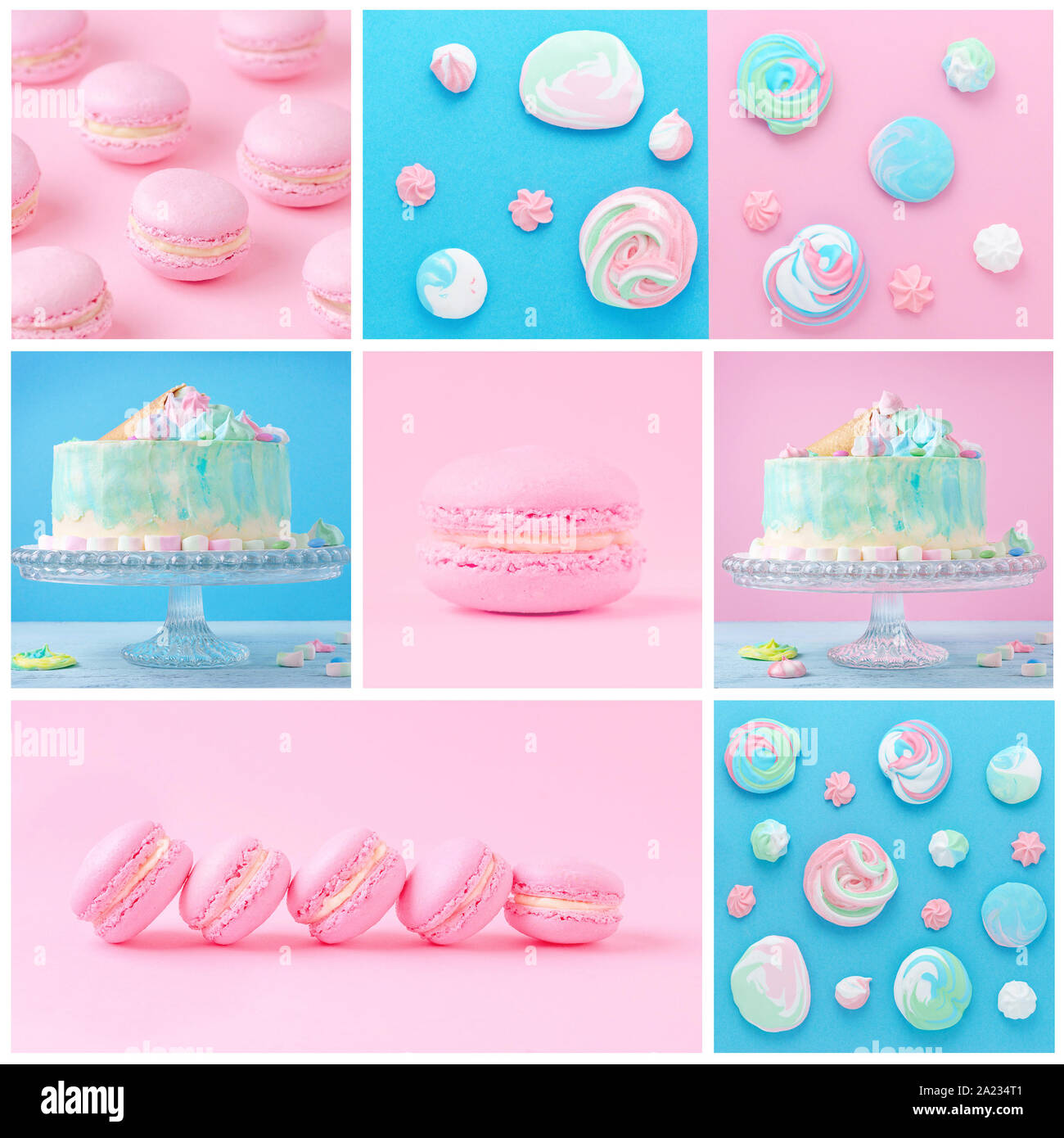 Collage dolce con amaretti, torta e meringa su una rosa e sfondo blu Foto Stock