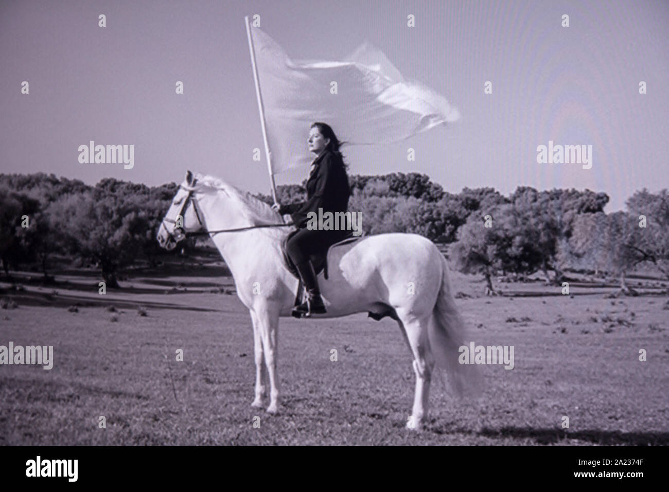 La mostra Cleaner di Marina Abramovic nel Museo di Arte Contemporanea di Belgrado, Serbia. Cavallo bianco. Le prestazioni di punta Foto Stock
