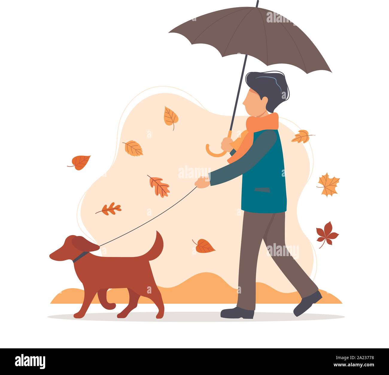 Uomo che cammina un cane in autunno con ombrello. Illustrazione Vettoriale in stile piatto Illustrazione Vettoriale