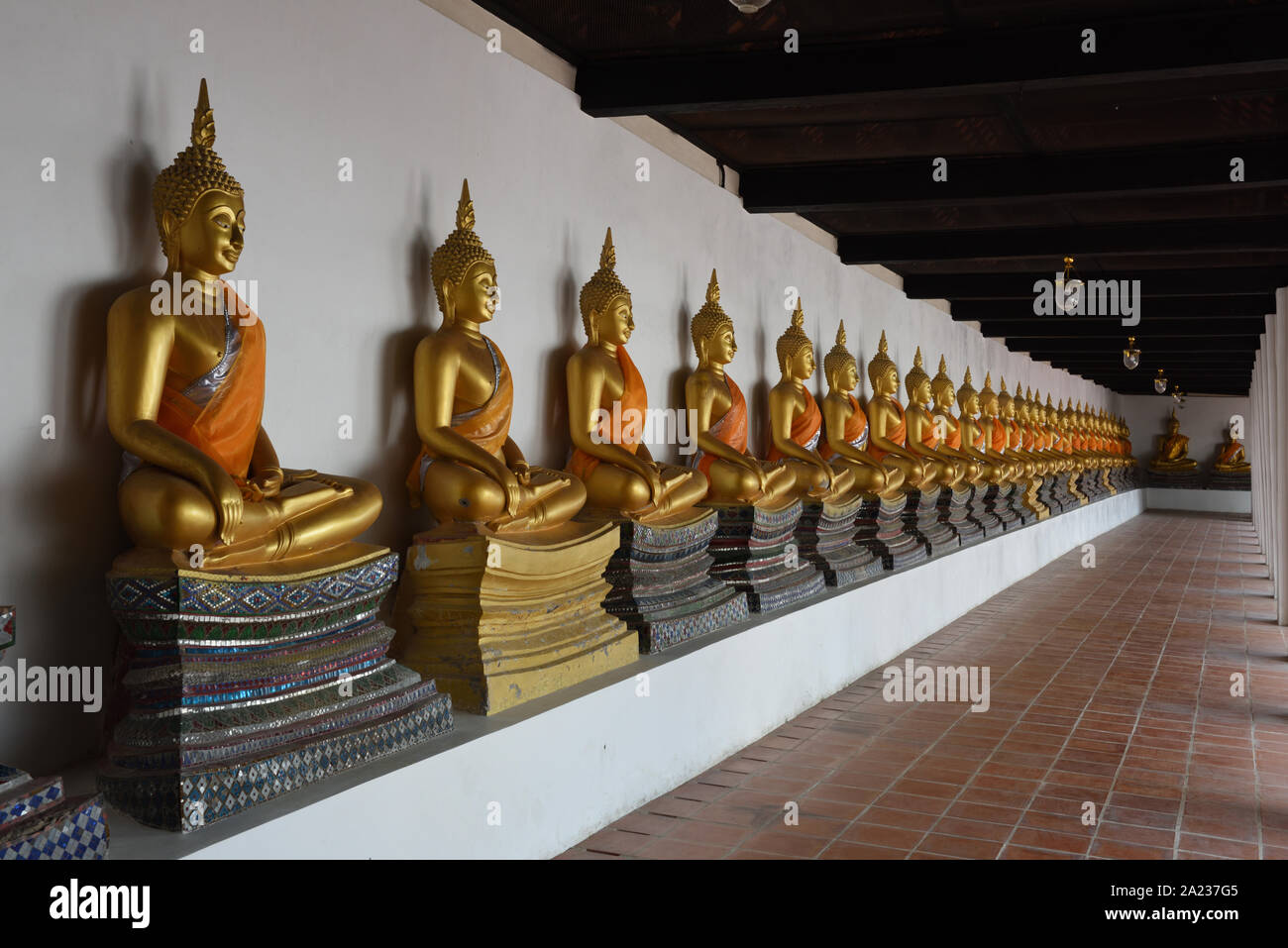 Fila di statue di Buddha seduto nel chiostro di Wat Phutthaisawan, Ayutthaya, Thailandia Foto Stock
