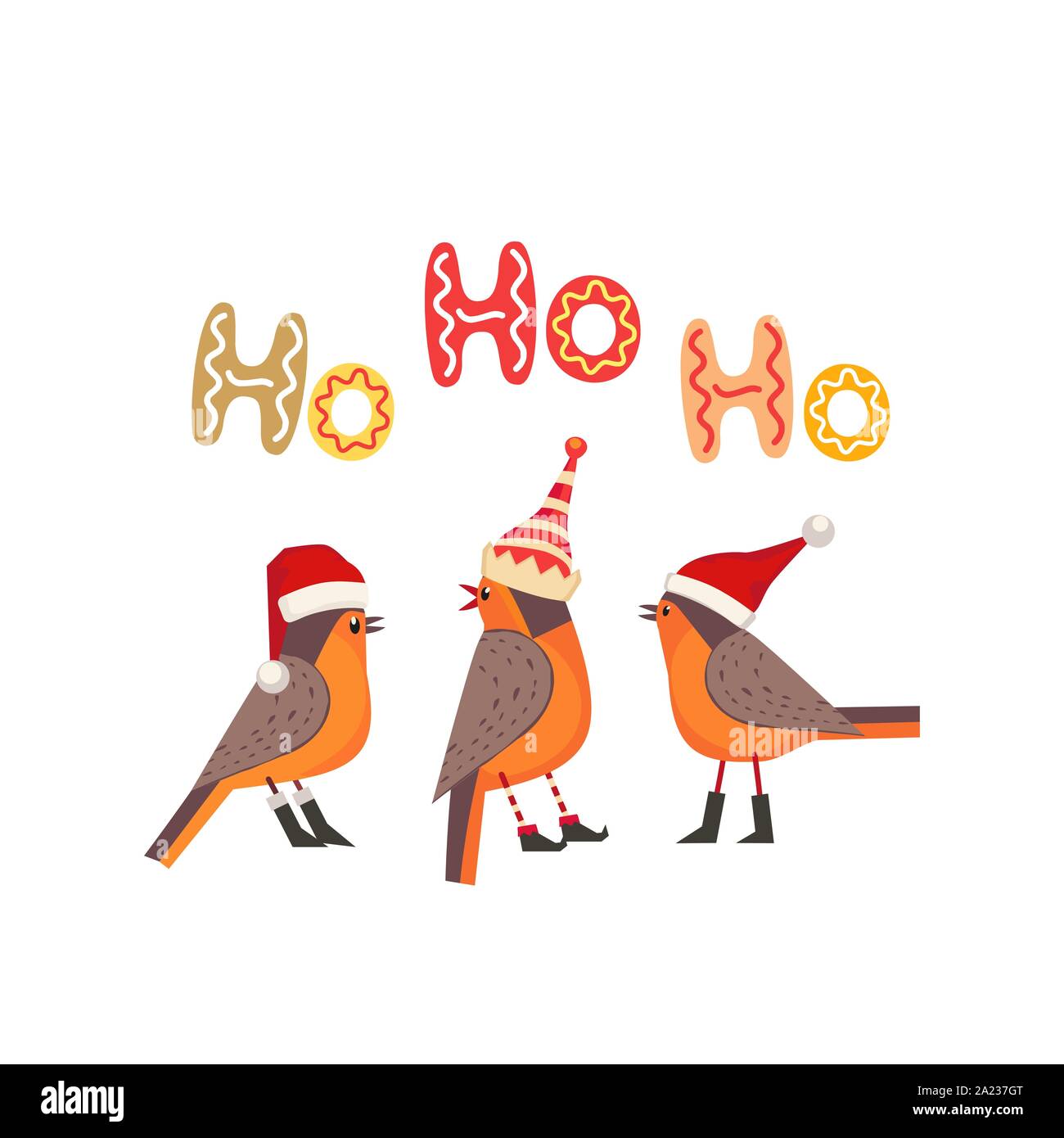 Carino uccello invernale in elfo, cappello rosso Santa. Testo di lettere fantasia ho-ho-ho Illustrazione Vettoriale