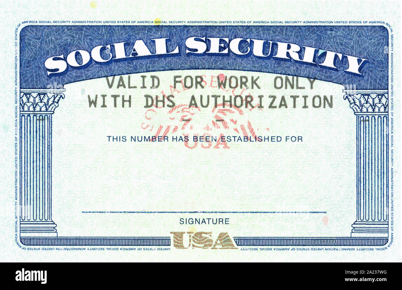 Tessera di previdenza sociale vuoto ssn originale con testo autorizzazione DHS Foto Stock