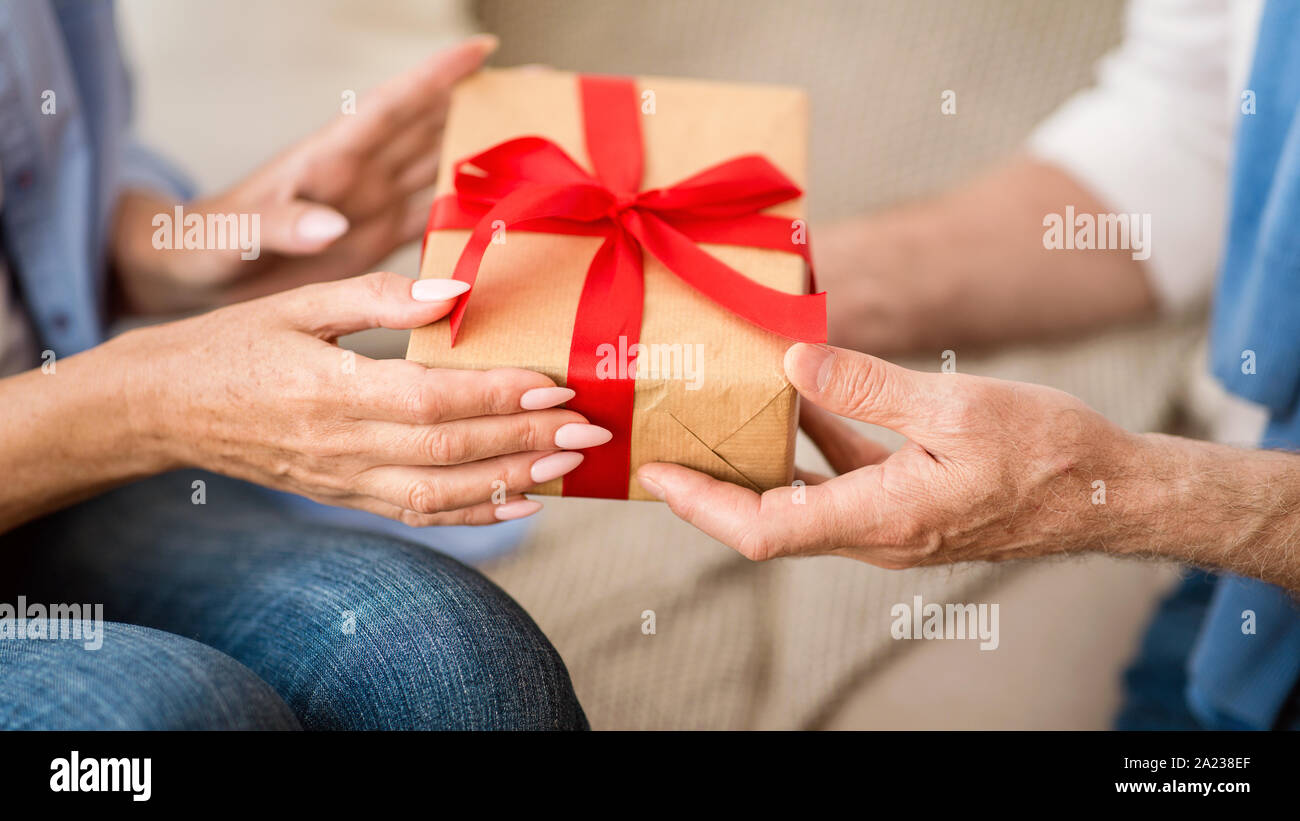 Senior donna Natale dando confezione regalo per uomo anziano, celebrare feste insieme, primo piano Foto Stock