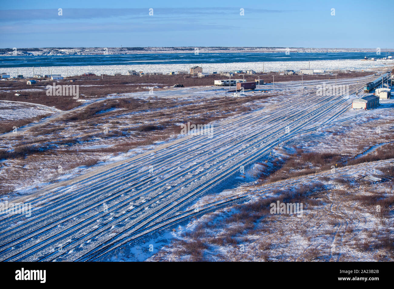 Città di Churchill dall'aria all'inizio dell'inverno, Churchill, Manitoba, Canada Foto Stock