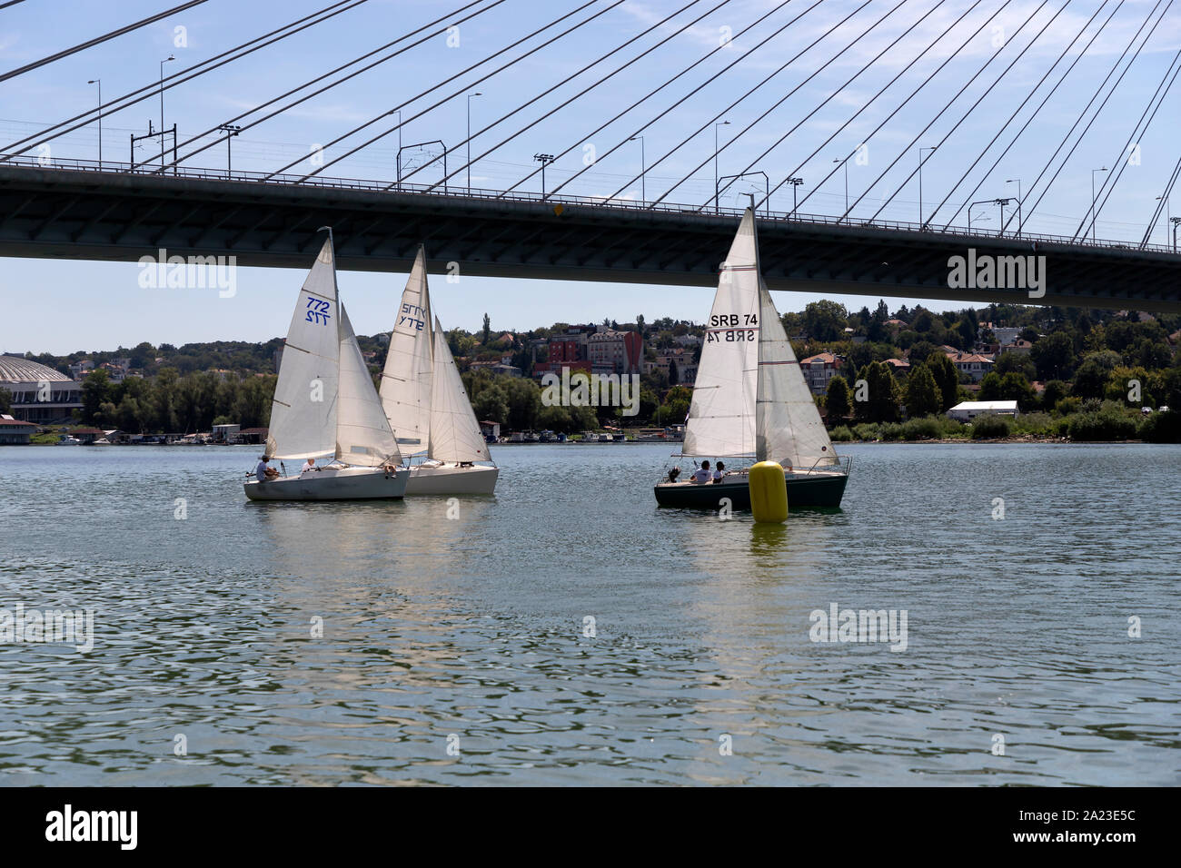 Belgrado, Serbia, Agosto 18, 2019: Tre-persona scuderie concorrenti nella classe Micro regata a vela sul fiume Sava Foto Stock