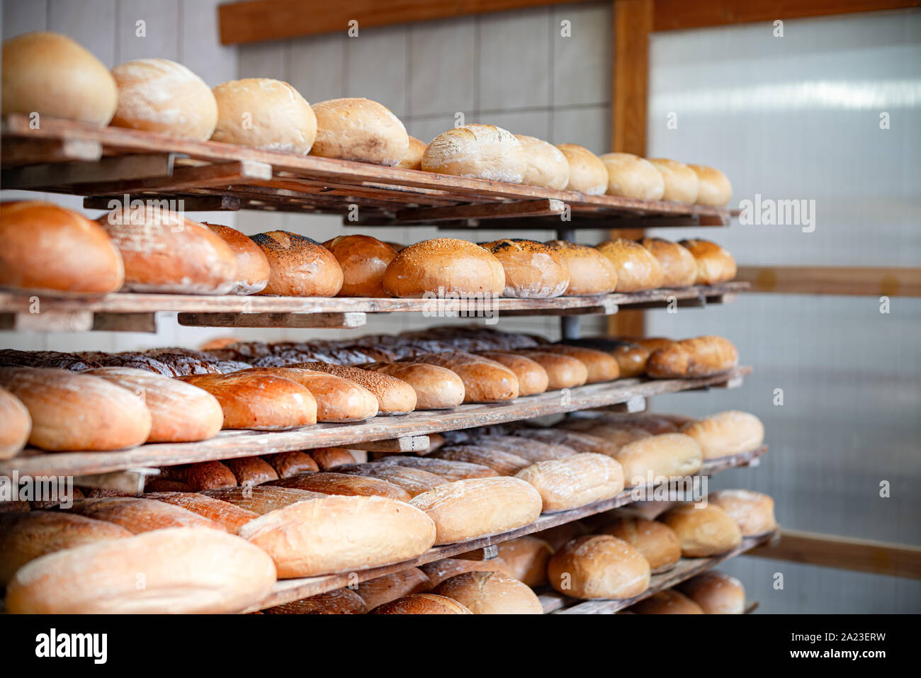 La cottura del pane in un piccolo panificio Foto Stock