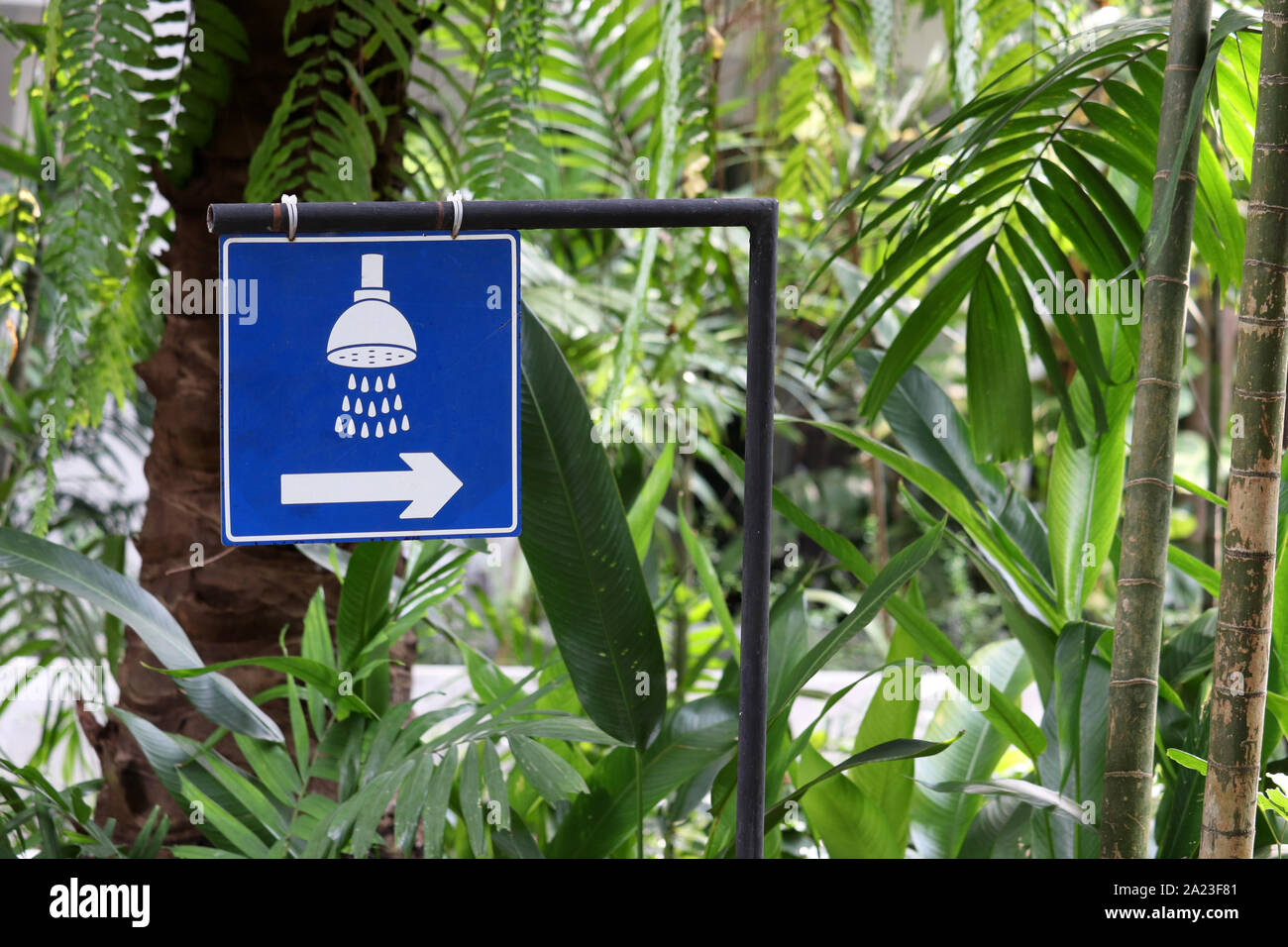 Doccia esterna, cartello in un verde parco con palme e bambù. Resort e il concetto di vacanza Foto Stock