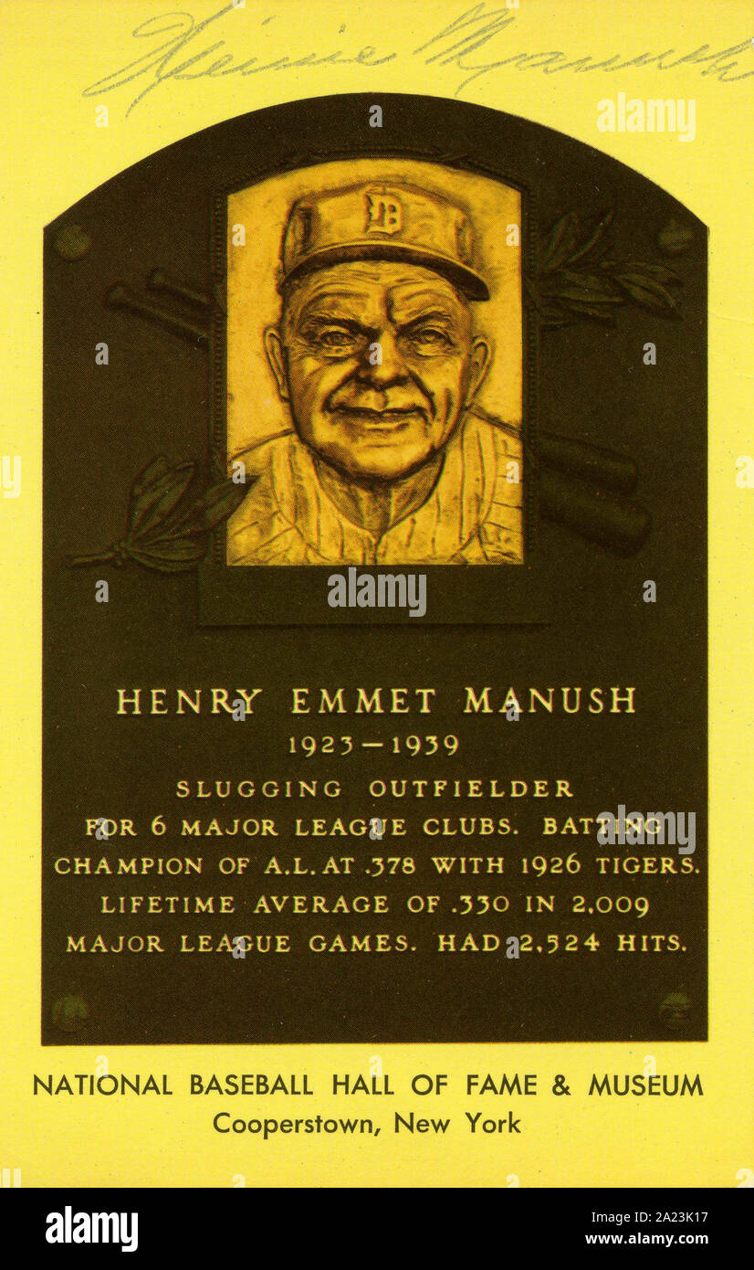 National Baseball Hall of Fame ha firmato cartolina ricordo raffigurante la placca di Heinie Manush. Foto Stock
