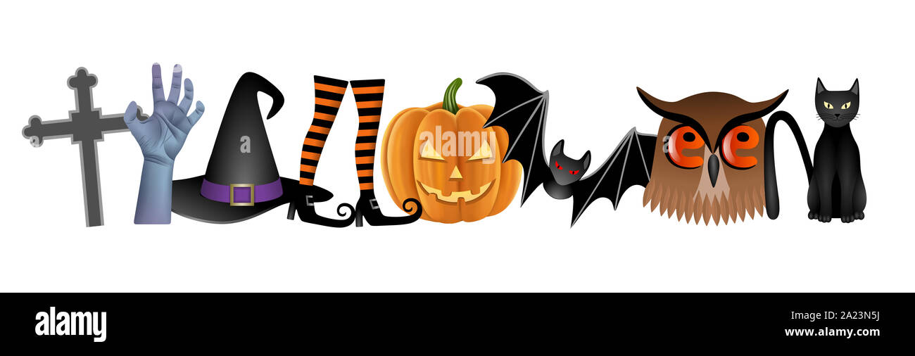 Halloween scritto con croce, mano zombie, witch hat, strega gambe, zucca, bat, Civetta e gatto nero Foto Stock