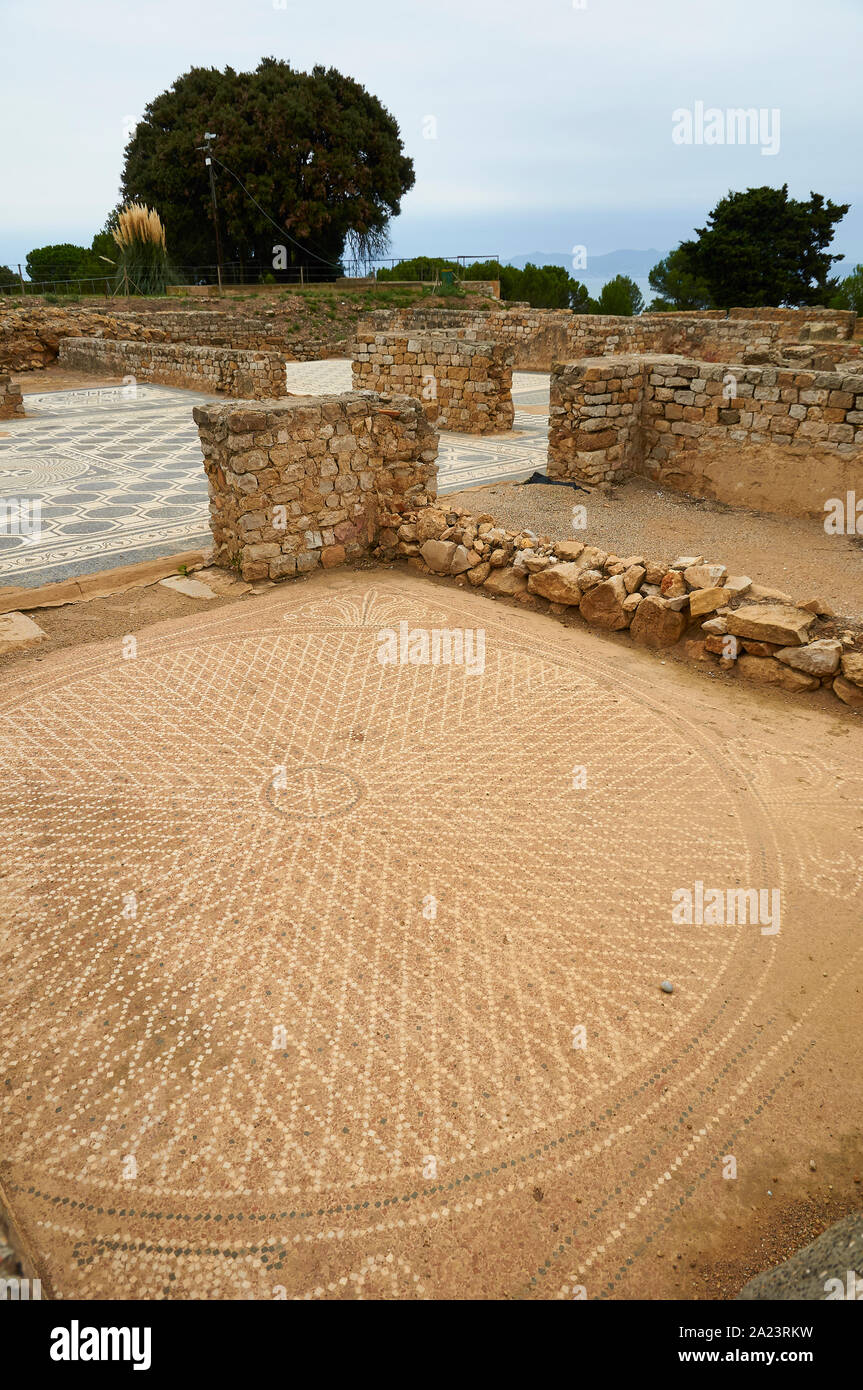 Geometrico mosaico romano in una domus della antica città romana di Empúries Sito Archeologico (MAC Empúries, Ampurias, La Escala, Alt Empordà, Girona, S Foto Stock