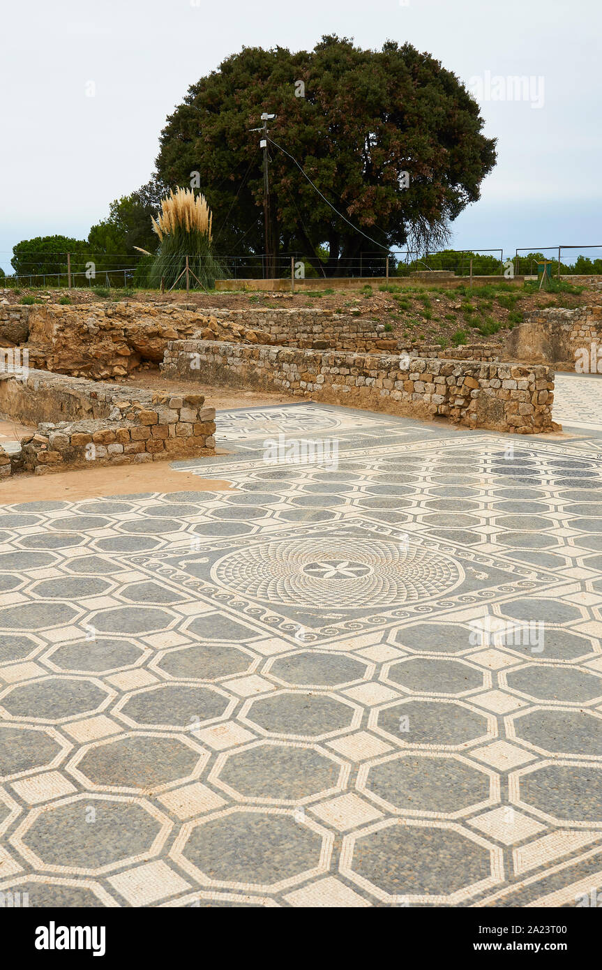 Geometrico mosaico romano in una domus della antica città romana di Empúries Sito Archeologico (MAC Empúries, Ampurias, La Escala, Alt Empordà, Girona, S Foto Stock