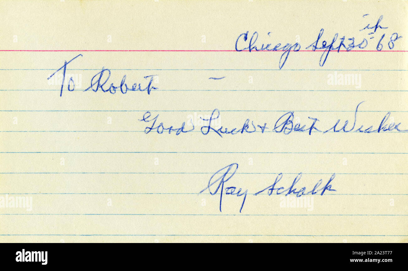 Autografo personalizzato di Baseball Hall of Fame giocatore Ray Schalk. Foto Stock