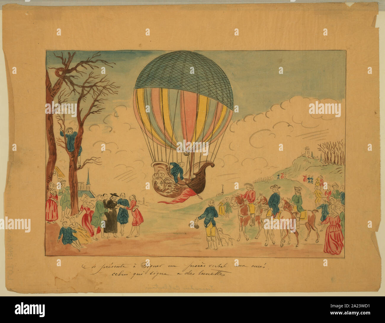 Unità organizzativa présente à signer onu procès verbale curés aux celui qui ligne un des lunette; il disegno mostra il Professor J.A.C. Charles risalita in pallone da Nesle pianura, Francia, il 1 dicembre 1783, dove aveva atterrato poco prima, accompagnato da Marie Noel Robert in due ore di viaggio da Parigi. Robert, in piedi a sinistra, è conversando con i vicari locali, che sono la firma di un documento attestante il completamento con successo del primo gas presidiato mongolfiera. (Fonte: A.G. Renstrom, LC personale, 1982-82); Foto Stock