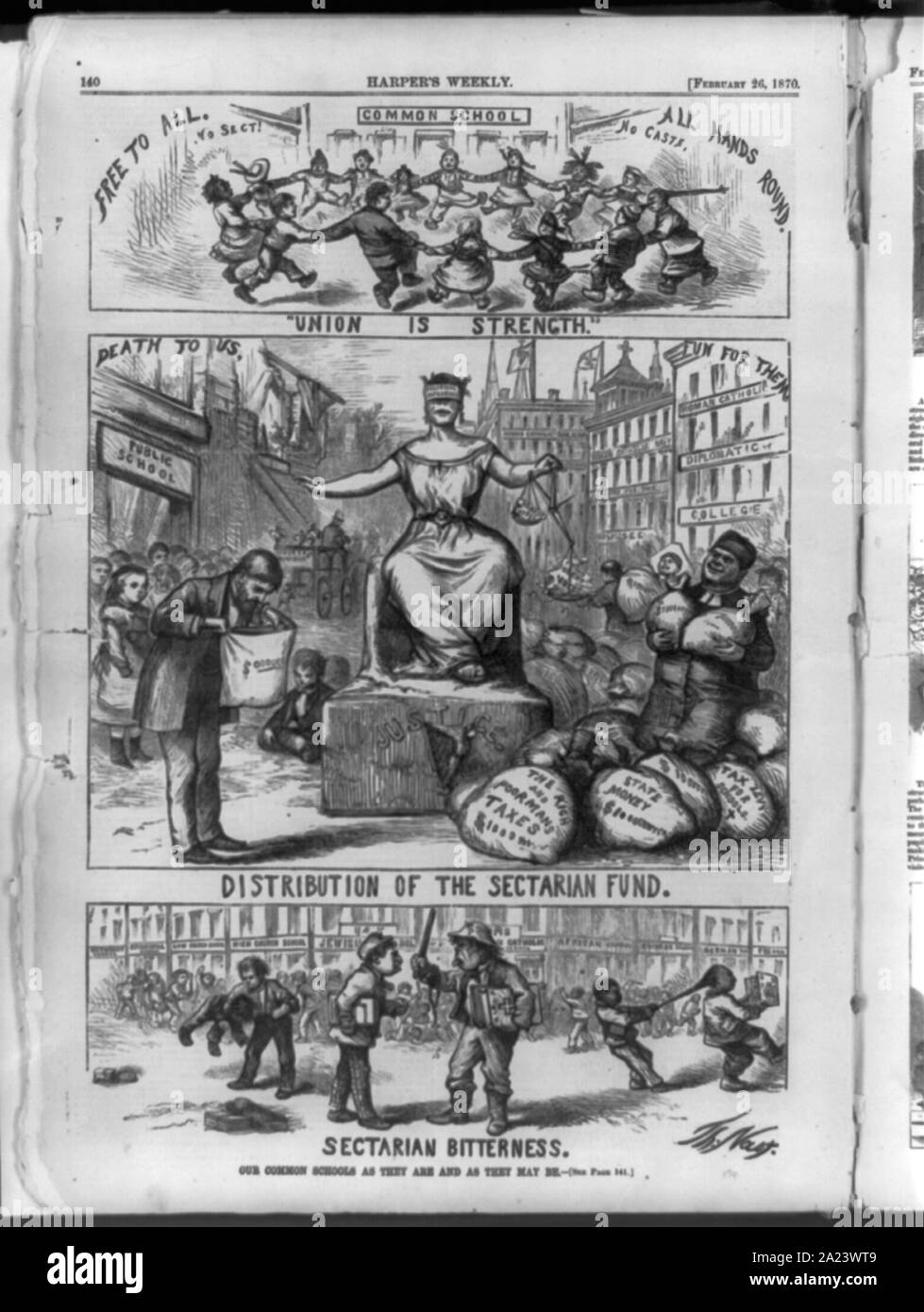 Le nostre scuole comuni come sono e come essi possono essere anti-cattolico, anti-Tammany cartoon mostra (1) settario amarezza di scuole private; 2) Distribuzione del Fondo settaria - tutti a Cattolica e nessuno per le scuole pubbliche; (3) L'unione fa la forza - i bambini di tutte le razze e di tutte le religioni a giocare insieme / Th. Nast. Foto Stock