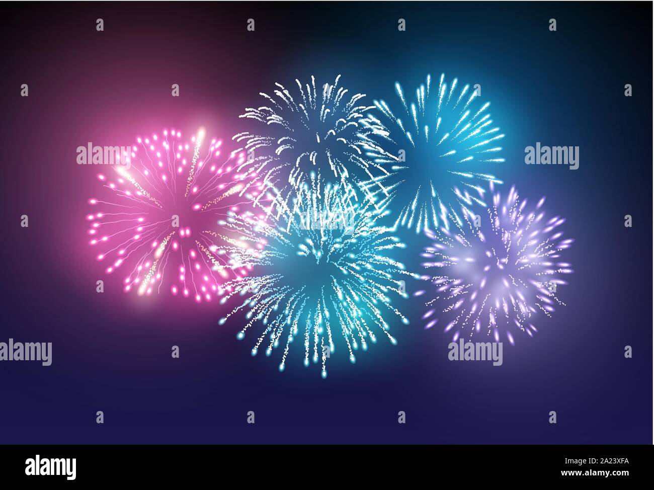 Una serie di realistiche fuochi d'artificio luminoso illumina il cielo di notte. Illustrazione Vettoriale Illustrazione Vettoriale
