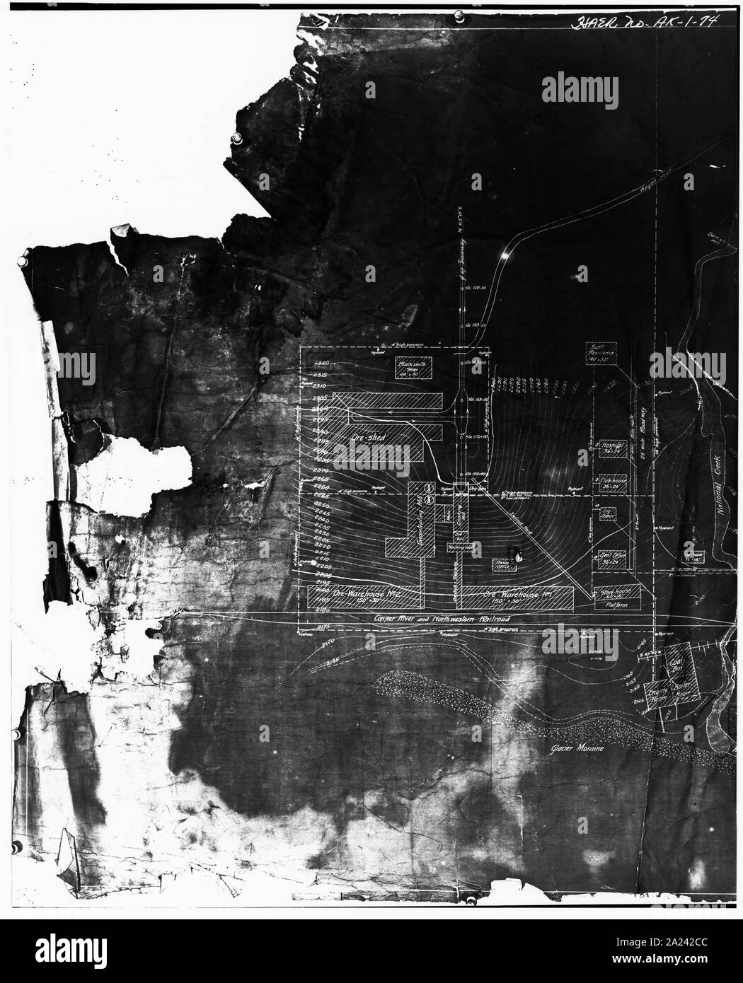 Fotocopia della mappa che mostra la posizione degli edifici A LIVELLO NAZIONALE CREEK - Rame Kennecott Corporation, sul fiume di rame e Northwestern Railroad, Kennicott, Valdez-Cordova Area di censimento, AK; Foto Stock