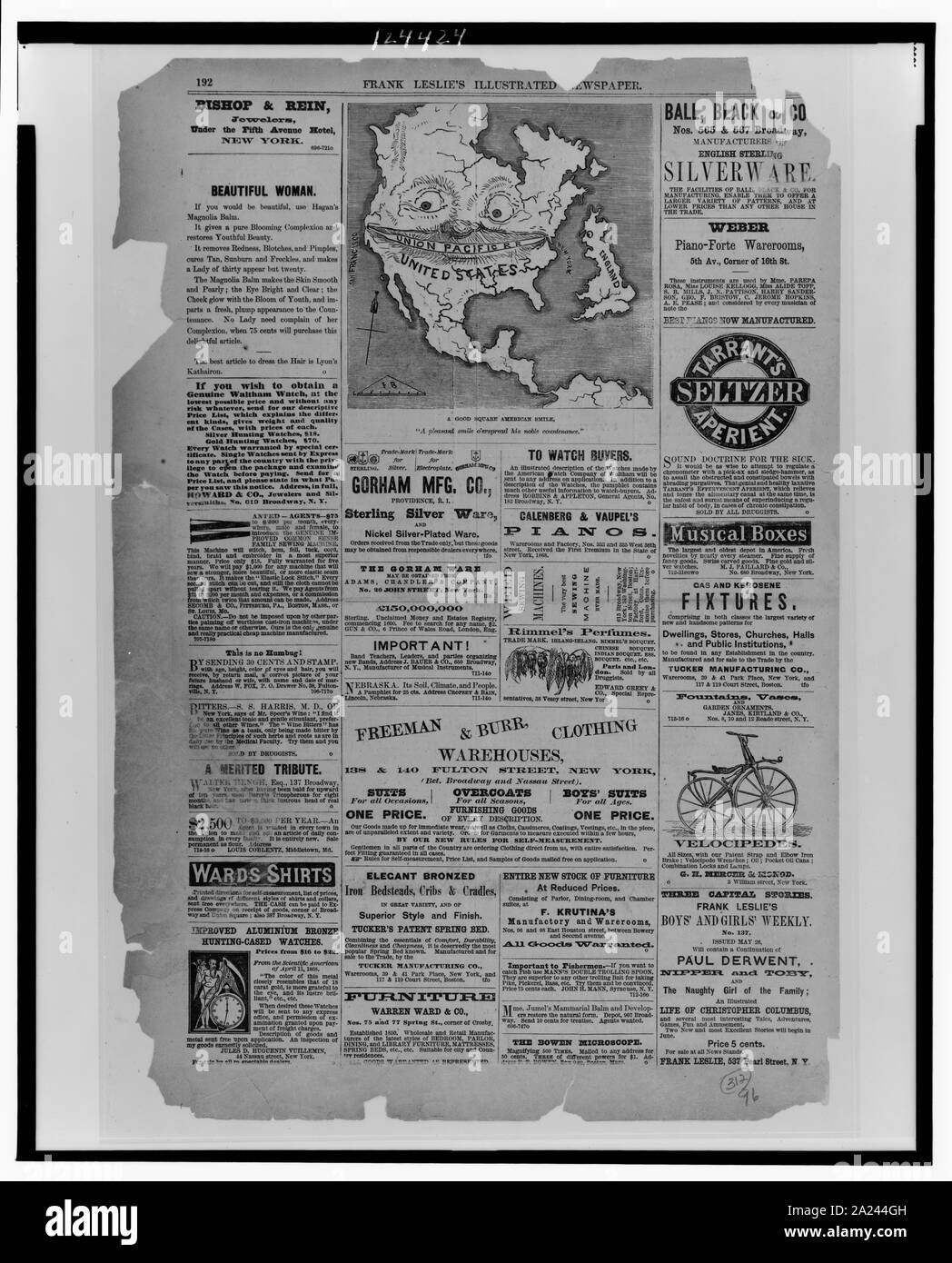 Pagina di pubblicità e di un cartone animato da Frank Leslie giornale illustrato Foto Stock