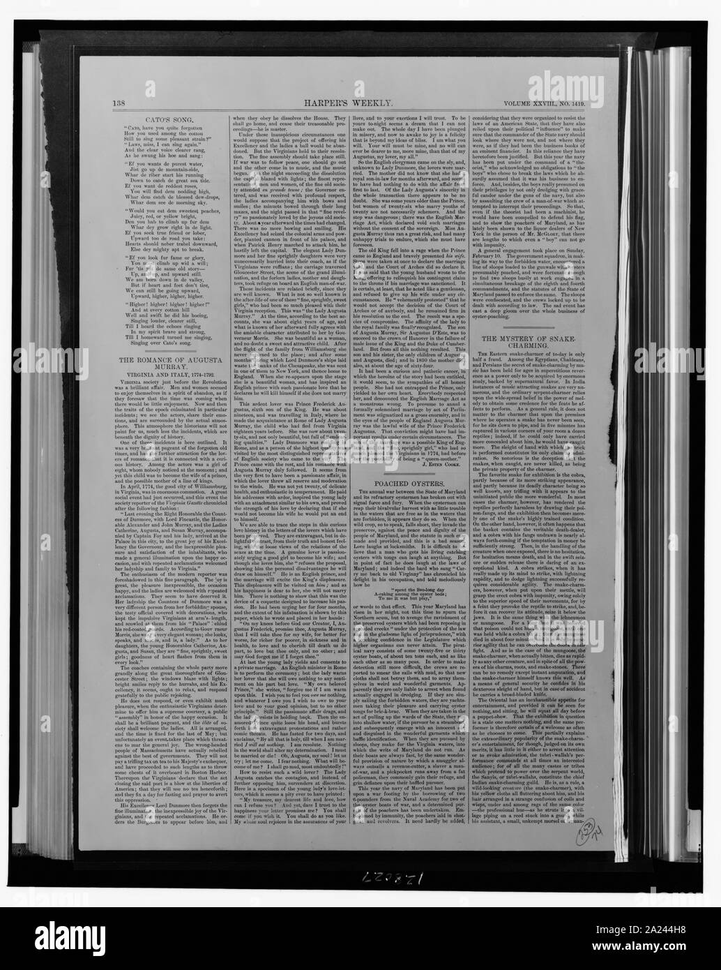 Pagina di testo contenente il poema Cato di canzone e tre articoli: il romanticismo di Augusta Murray, Virginia e Italia, 1774-1792, affogò ostriche, e il mistero del serpente affascinante Foto Stock