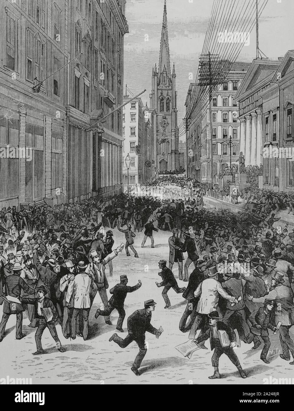 Estados Unidos. Nueva York. La crisi financiera. Aspecto de Wall Street en los Momentos de pánico, en la tarde del 14 de mayo de 1884. Perspectiva tomada frente a la Iglesia de la Trinidad. Grabado por Vela. La Ilustración Española y americana, 8 de junio de 1884. Foto Stock