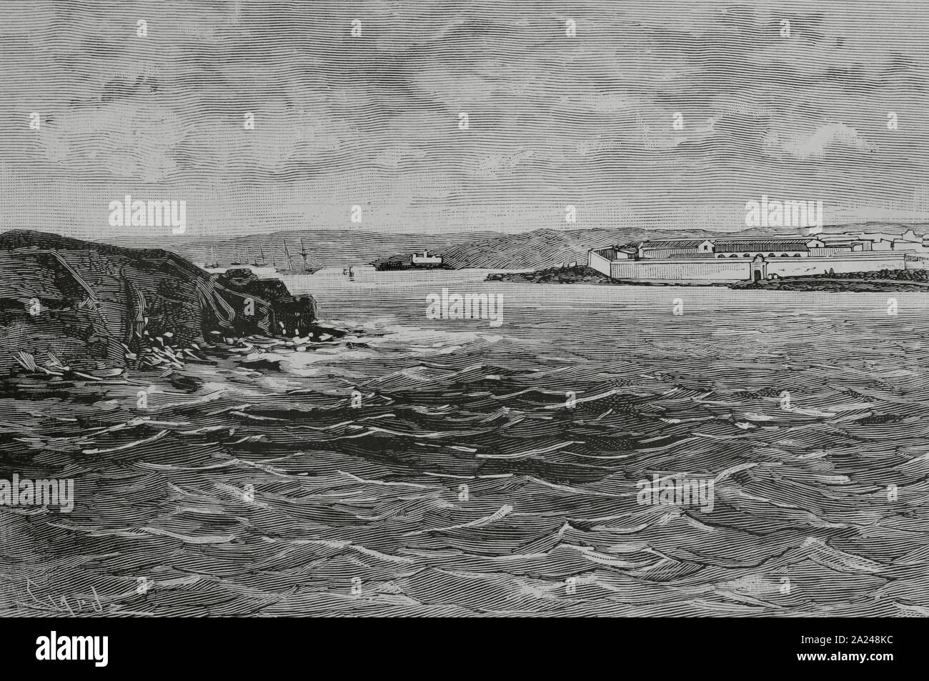 España. Islas Balerares. Isla de Menorca. Puerto de Mahón. El Lazareto, Isla de la cuarentena y ruinas del Castillo de San Felipe. El Lazareto de Mahón, construido en 1793 Duranti el reinado de Carlos III, utilizado para tenen en cuarentena observación y las embarcaciones procedenes de otros paises sospechosos de contagio. El Castillo de San Felipe, antigua fortificación del siglo XVI. Grabado por Tomás Carlos Capuz (1834-1899). La Ilustración Española y Americana, 30 de junio de 1884. Foto Stock