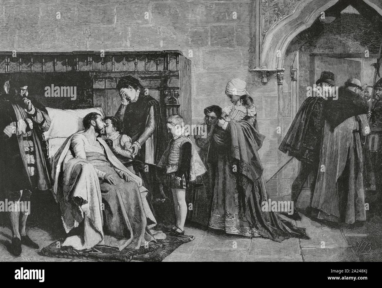 Antonio Pérez del Hierro (1540-1611). Secretario de Cámara y Consejero de Estado del Rey de España Felipe II. " Antonio Pérez recibiendo un su familia después del tormento". Grabado de Tomás Carlos Capuz (1834-1899) a partir de cuadro onu pintado en 1884 por Vicente Borrás Mompó y. Antonio Pérez postrado en sillón onu, rodeado de sus hijos y su esposa Juana Coello. El episodio tuvo lugar en 1590, en Madrid, tras sufrir tortura en la que confesó su implicación en la muerte de Juan de Escobedo. La Ilustración Española y Americana, 22 de julio de 1884. Foto Stock