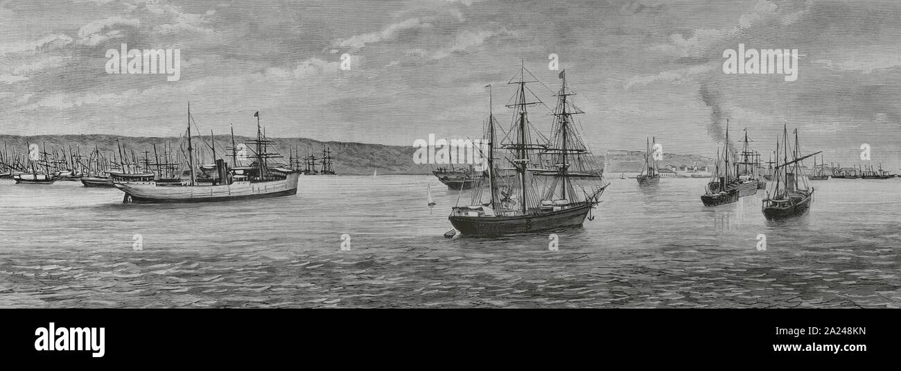 España. Islas Balerares. Isla de Menorca. Puerto de Mahón. El Lazareto de Mahón, construido en 1793 Duranti el reinado de Carlos III. Dedicado a mantener en cuarentena observación y las embarcaciones procedenes de otros paises sospechosos de contagio. Buques anclados frente al Lazareto, sufriendo la epidemida de cólera originada en Francia. Grabado. La Ilustración Española y Americana, 30 de julio de 1884. Foto Stock